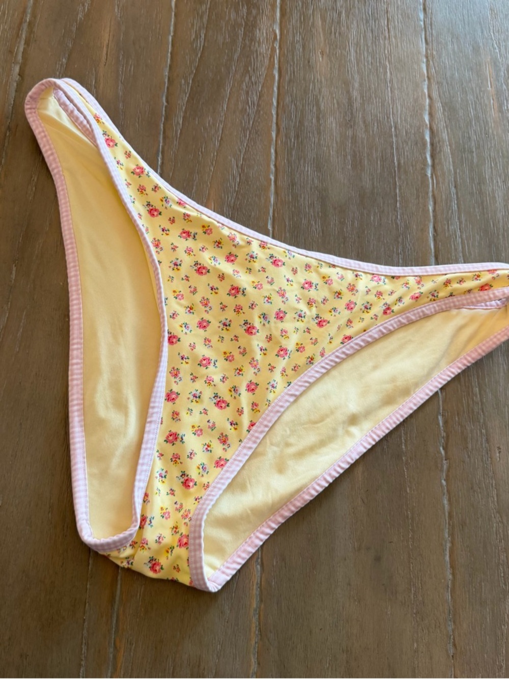 Frankie's Bikinis Yellow Floral Bikini Bottom with Pink Trim
